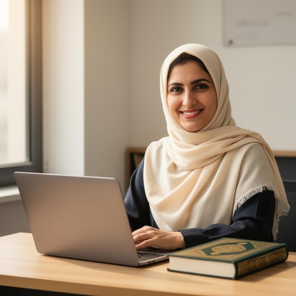 A Talia Institute teacher at her desk preparing for a lesson